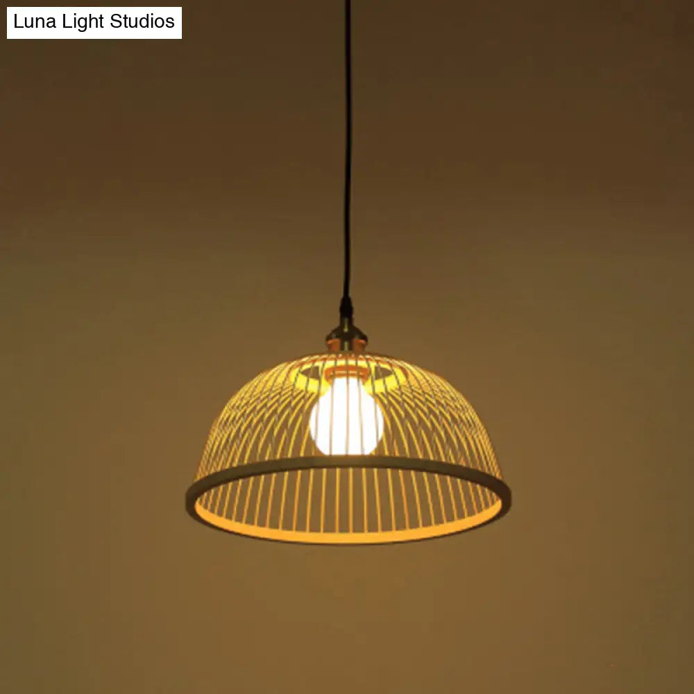 Asian Style Bamboo Ceiling Light: Hemispherical 1 Bulb Wood Hanging Lamp For Restaurants