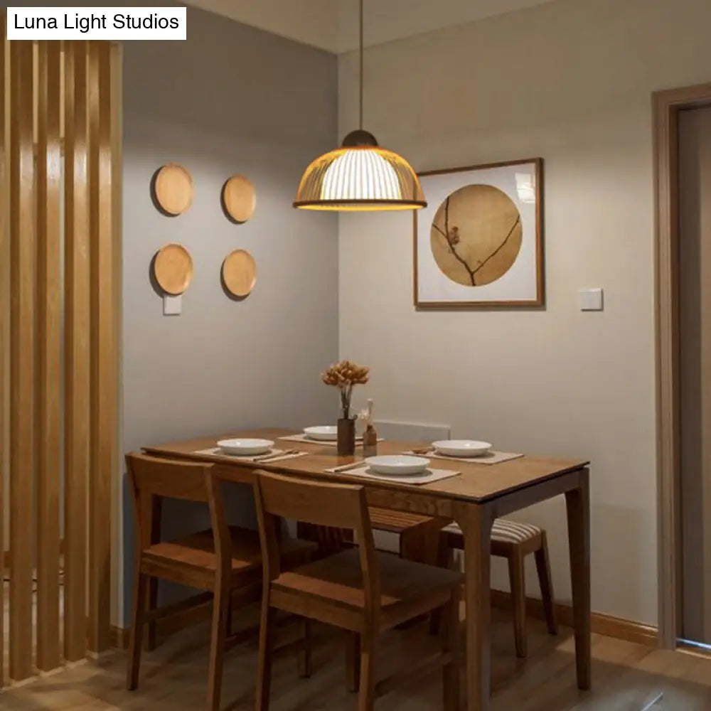 Asian Style Bamboo Ceiling Light: Hemispherical 1 Bulb Wood Hanging Lamp For Restaurants