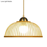 Asian Style Bamboo Dome Pendant Light For Tearoom - Single Bulb Beige
