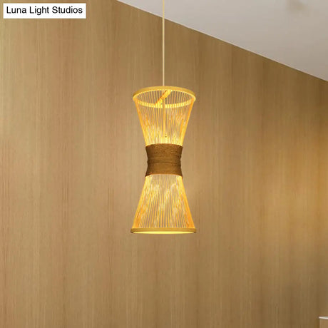 Asian Style Bamboo Hourglass Hanging Lamp - Single Bulb Beige Pendant Light