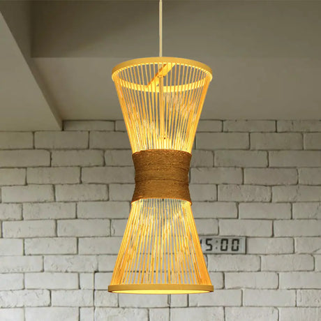 Asian Style Bamboo Hourglass Hanging Lamp - Single Bulb Beige Pendant Light