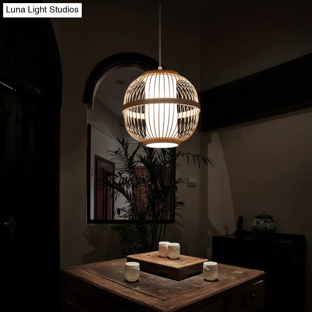Asian Style Bamboo Lantern Tea Room Ceiling Light Fixture - Wood Hanging With 1-Bulb