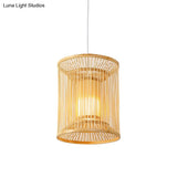 Asian Style Bamboo Pendant With Diamond Drum And Barrel Drops - 1-Light Hanging Light Kit For