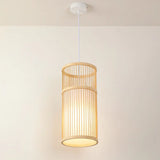Asian Style Bamboo Pendant With Diamond Drum And Barrel Drops - 1-Light Hanging Light Kit For