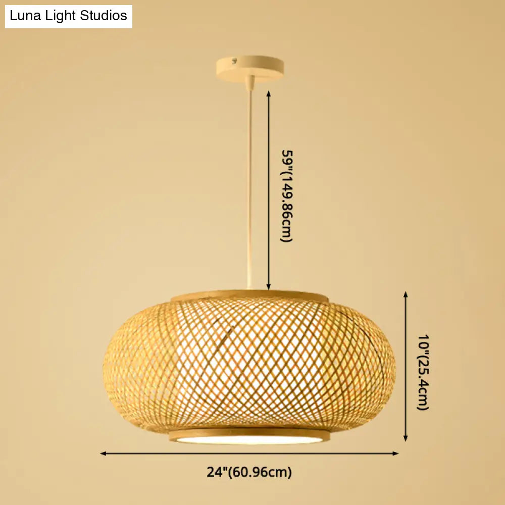 Asian Style Bamboo & Rattan Weaving Drum Pendant Lamp Beige