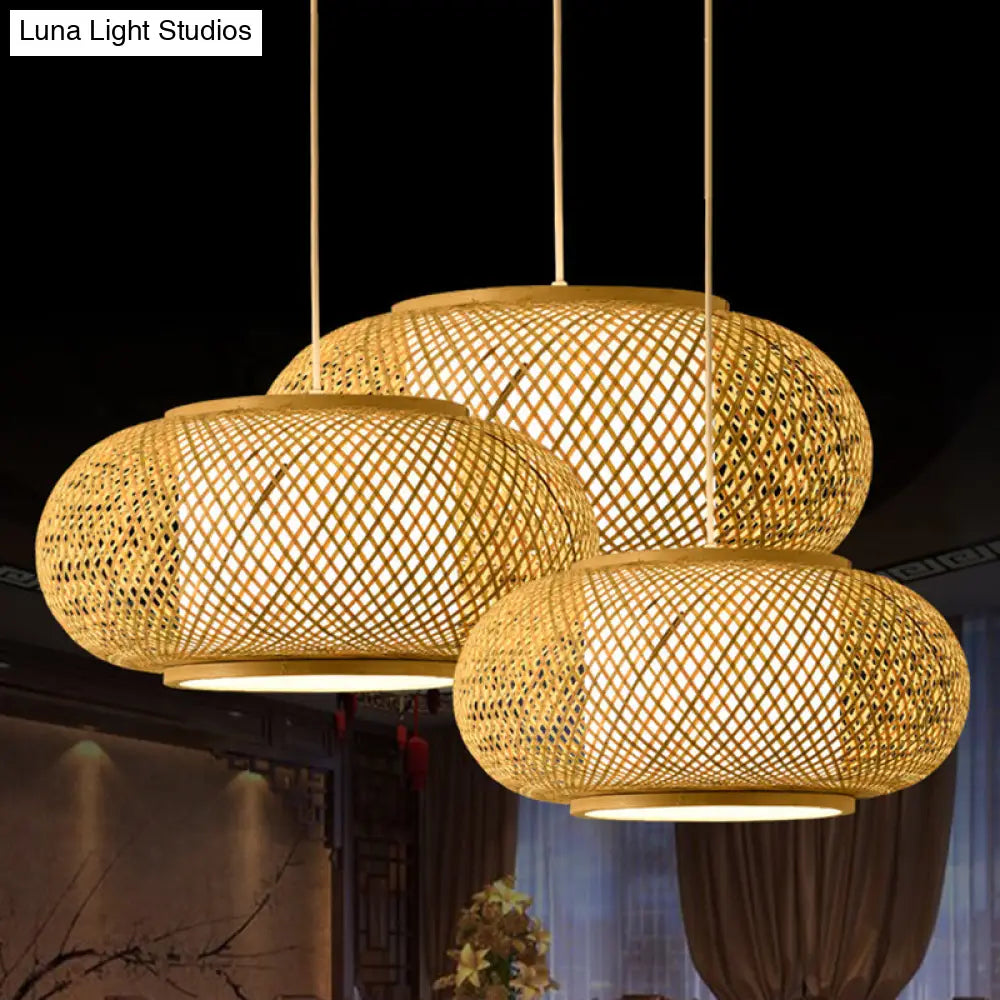 Asian Style Bamboo & Rattan Weaving Drum Pendant Lamp Beige