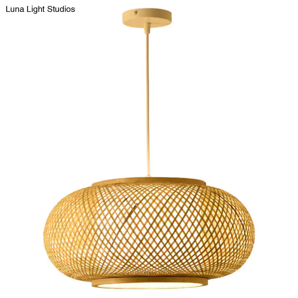 Asian Style Bamboo & Rattan Weaving Drum Pendant Lamp Beige