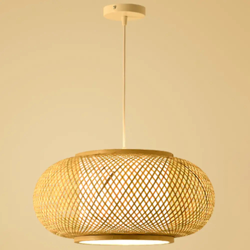 Asian Style Bamboo & Rattan Weaving Drum Pendant Lamp Beige Wood / 16