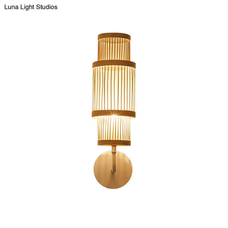 Asian Style Bamboo Wall Lamp Cylinder Fixture Single Bulb Wood Lighting With Curved Arm Ideal For
