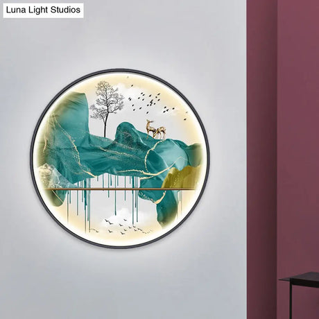 Asian-Style Led Fabric Wall Mural Mount Lamp - Yellow/Green Circle Light With Landscape Pattern