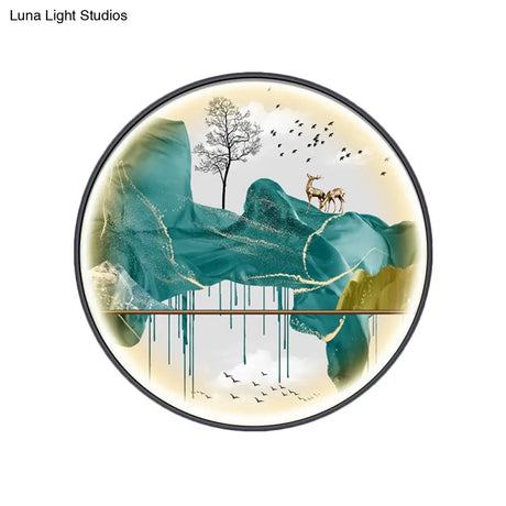 Asian-Style Led Fabric Wall Mural Mount Lamp - Yellow/Green Circle Light With Landscape Pattern