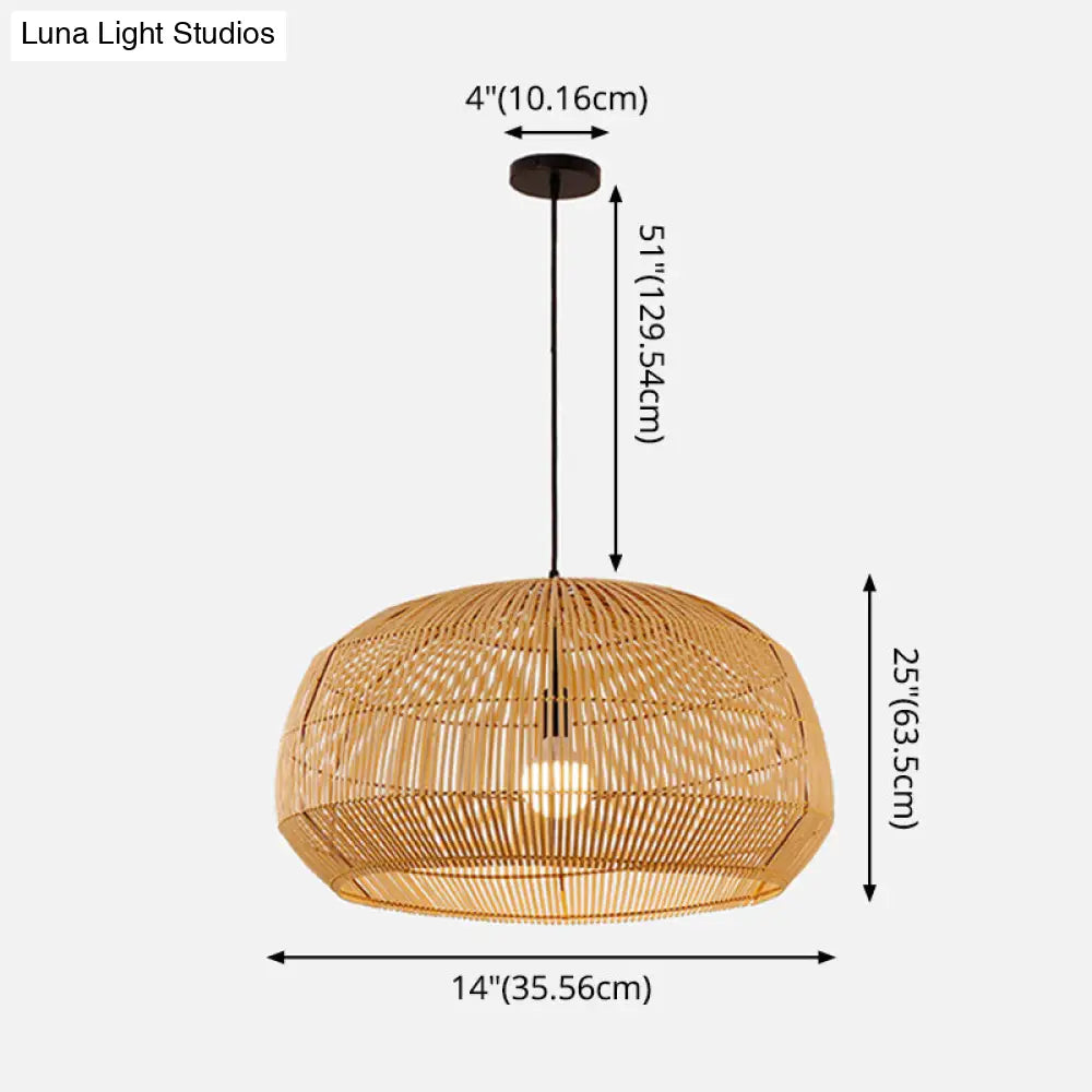 Asian Style Round Pendant Light: 1-Bulb Wood Suspension Fixture For Balcony