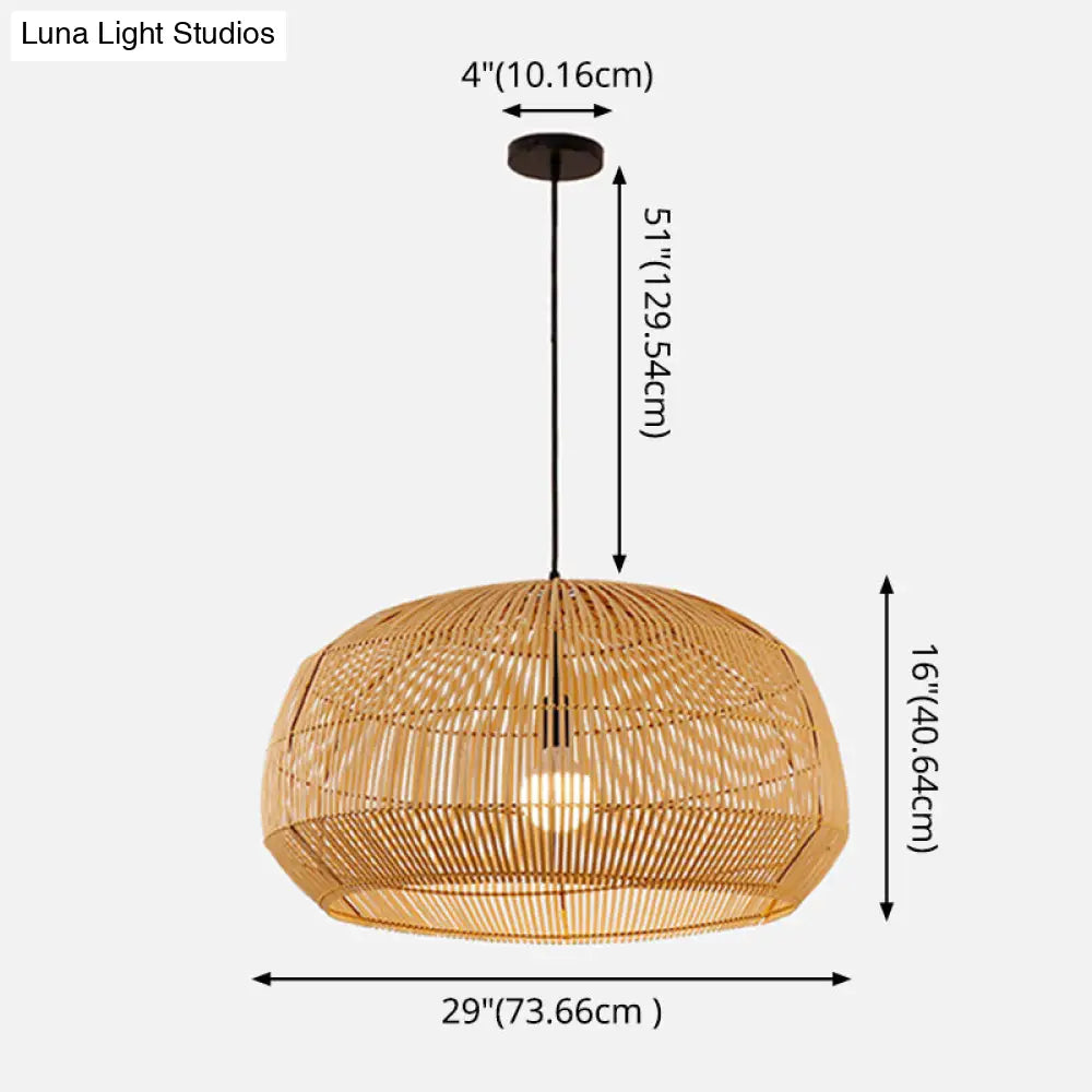 Asian Style Round Pendant Light: 1-Bulb Wood Suspension Fixture For Balcony