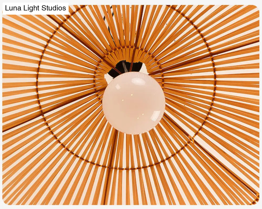Asian Style Round Pendant Light: 1-Bulb Wood Suspension Fixture For Balcony