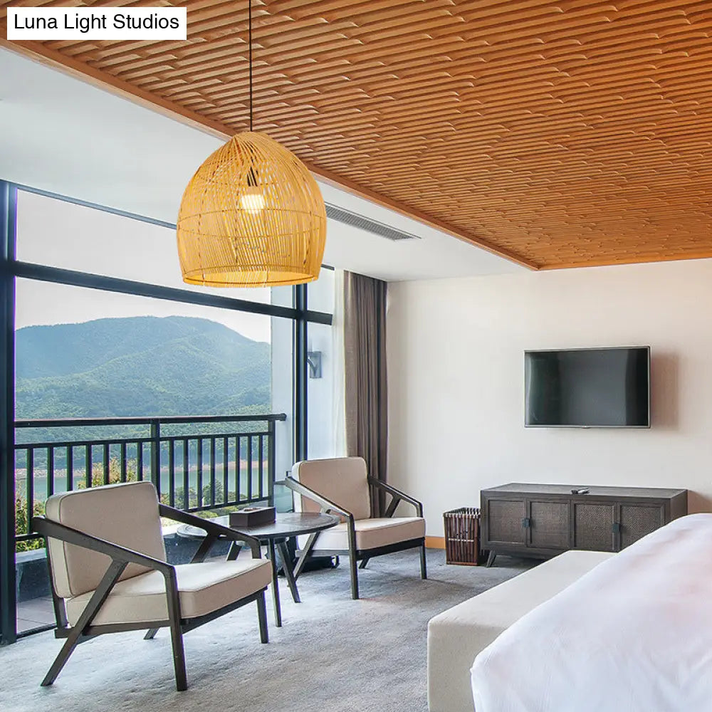 Asian Style Round Pendant Light: 1-Bulb Wood Suspension Fixture For Balcony