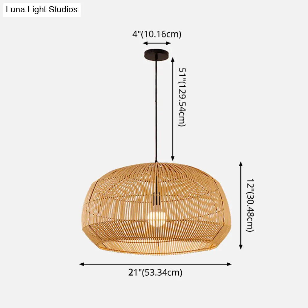 Asian Style Round Pendant Light: 1-Bulb Wood Suspension Fixture For Balcony