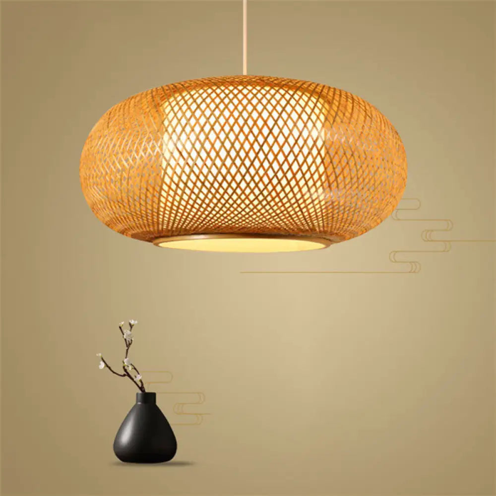 Asian Style Wood Pumpkin Shaded Ceiling Light With Bamboo Hanging Fixture - 1Bulb