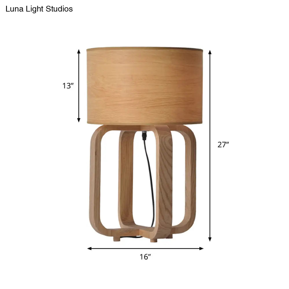 Asian Wood 1-Light Bedroom Night Lamp In Beige With Drum And Squared Frame Table Light