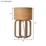 Asian Wood 1-Light Bedroom Night Lamp In Beige With Drum And Squared Frame Table Light