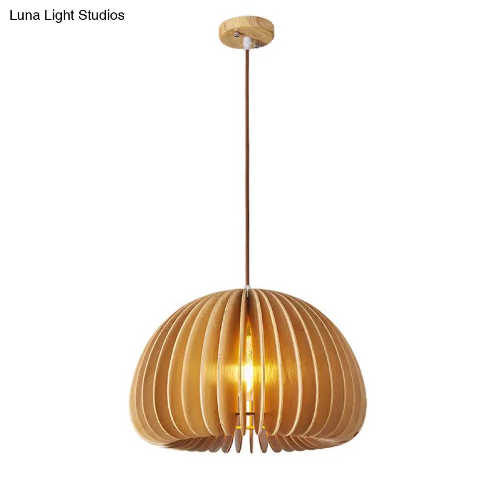Asian Wooden Slat Hanging Lamp: Hemispherical Ceiling Light In Beige - 1 Bulb Restaurant Lighting