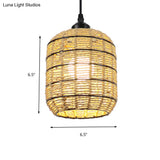 Asian Woven Rattan Lantern Suspension Pendant - Beige Single Light Lamp For Bedroom