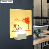 Autumn Tree And Bicycle Led Acrylic Wall Lamp Chinese Inspired Square Design