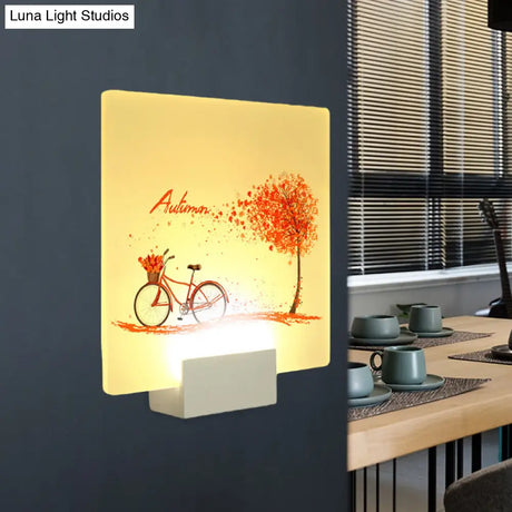 Autumn Tree And Bicycle Led Acrylic Wall Lamp Chinese Inspired Square Design
