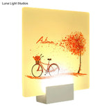 Autumn Tree And Bicycle Led Acrylic Wall Lamp Chinese Inspired Square Design