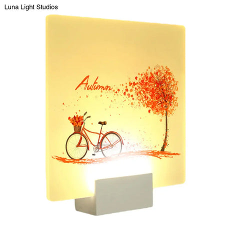 Autumn Tree And Bicycle Led Acrylic Wall Lamp Chinese Inspired Square Design