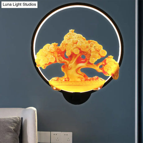 Autumn Tree Patterned Metal Led Wall Light For Hallways - White/Black (Right/Left)