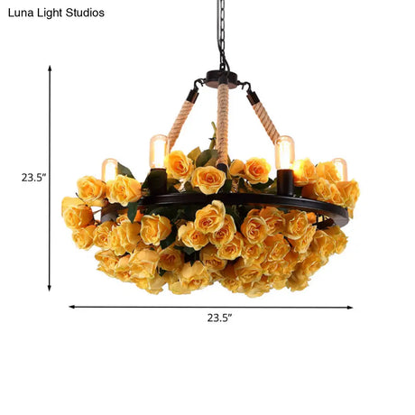 Azaleh - Circle Metal Ceiling Chandelier Loft Style 6 Bulbs Rope Pendant Lighting Fixture With
