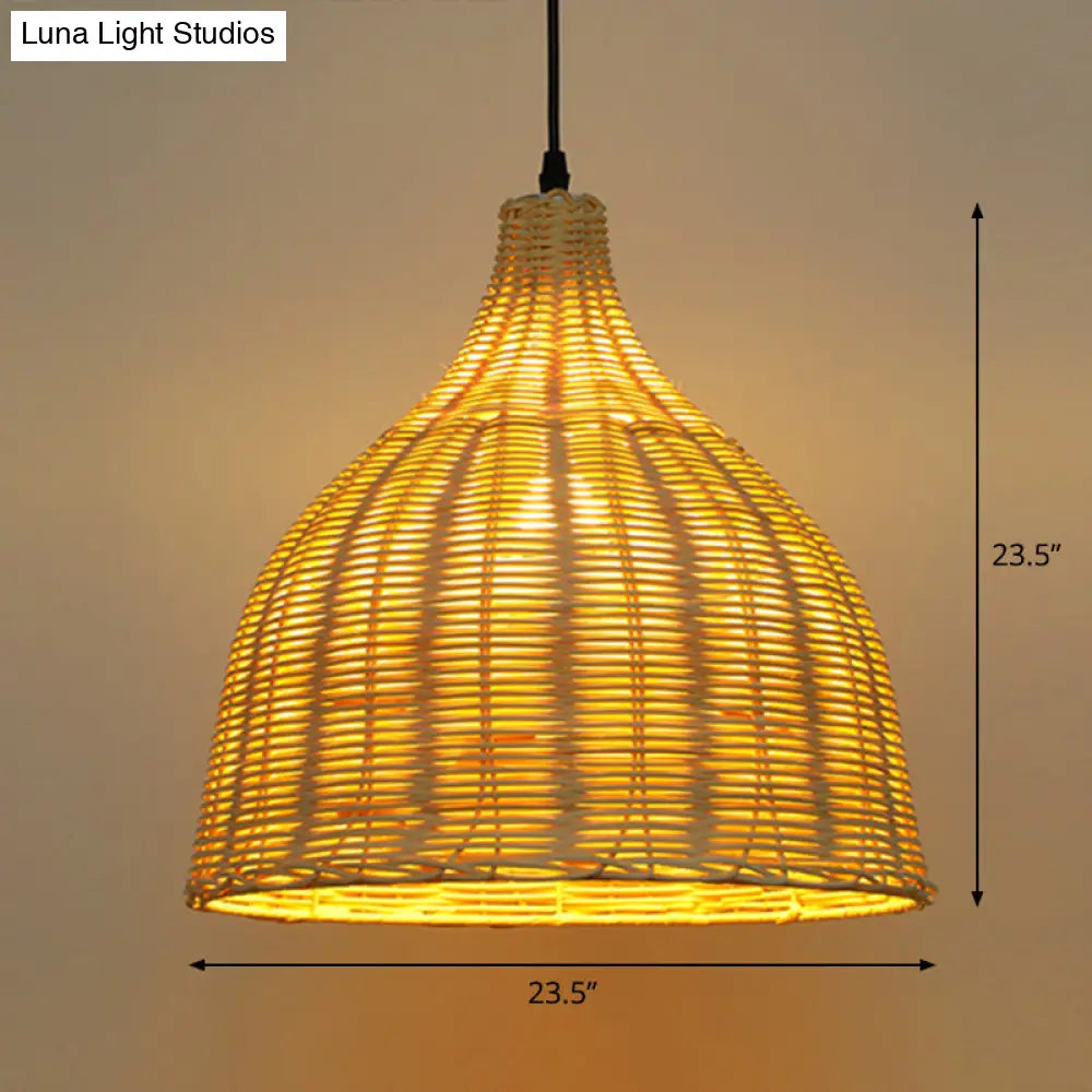 Bamboo Asian Hanging Lamp - Single-Bulb Ceiling Fixture For Restaurants In Beige
