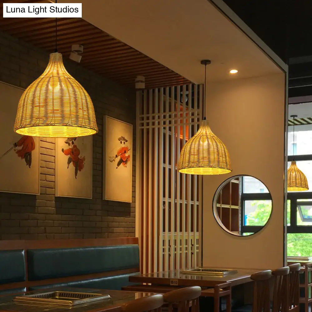 Bamboo Asian Hanging Lamp - Single-Bulb Ceiling Fixture For Restaurants In Beige