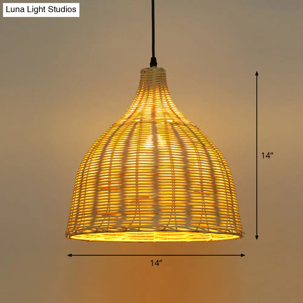 Bamboo Asian Hanging Lamp - Single-Bulb Ceiling Fixture For Restaurants In Beige