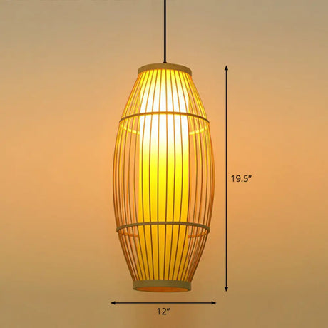 Bamboo Barrel Asian Pendant Light For Restaurants - Wood Finish With 1 Bulb / 12’