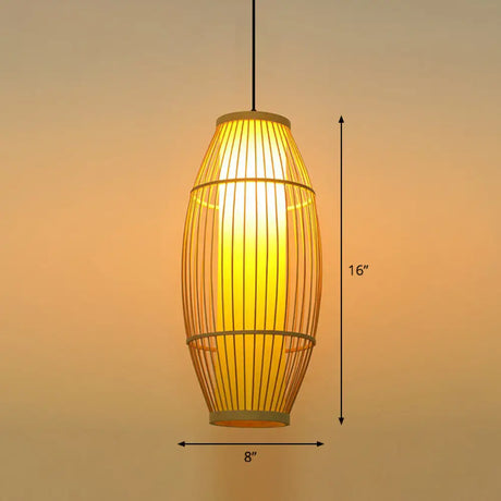 Bamboo Barrel Asian Pendant Light For Restaurants - Wood Finish With 1 Bulb / 8’
