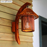 Bamboo Country House Wall Sconce With Arc Arm - Brown