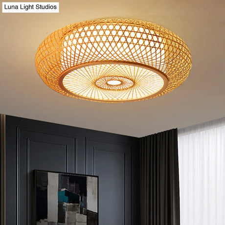 Bamboo Criss-Cross Ceiling Lamp: Asian Wood Flush Mount Light For Bedroom