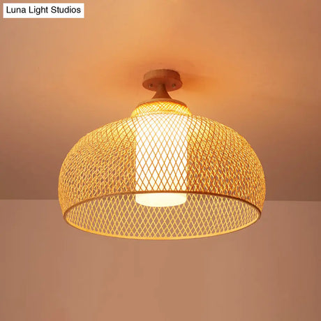 Bamboo Criss-Cross Ceiling Lamp: Asian Wood Flush Mount Light For Bedroom