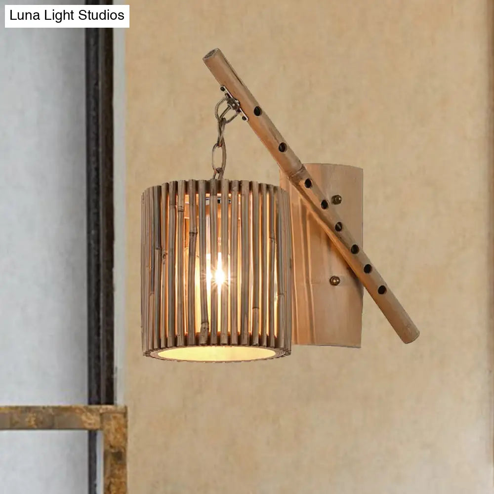 Bamboo Cylindrical Shade Wall Sconce - Asian Style 1 Light Wood Lamp With Flute Decoration