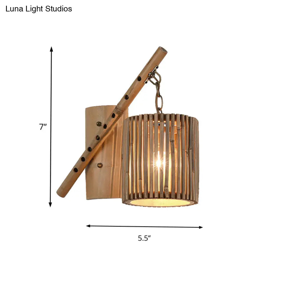 Bamboo Cylindrical Shade Wall Sconce - Asian Style 1 Light Wood Lamp With Flute Decoration