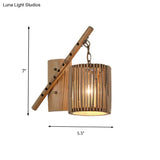 Bamboo Cylindrical Shade Wall Sconce - Asian Style 1 Light Wood Lamp With Flute Decoration