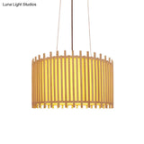 Bamboo Drum Suspension Light - Contemporary Ceiling Pendant In Beige 1 Bulb Wide Design