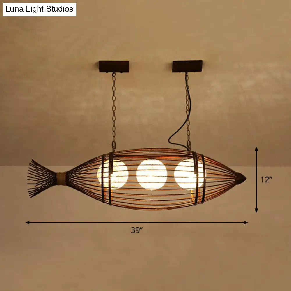 Bamboo Fish-Shaped Southeast Asian Chandelier With 3 Bulbs Ceiling Lighting Fixture