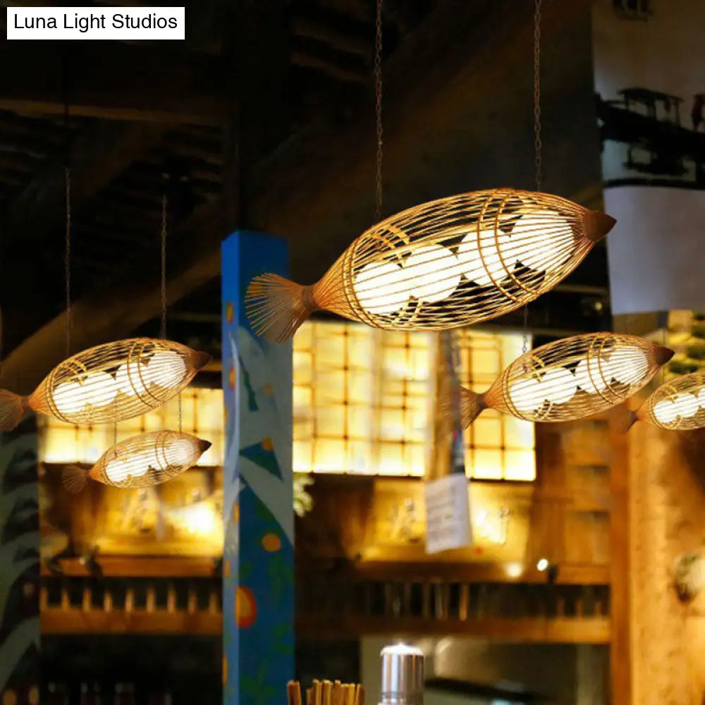 Bamboo Fish-Shaped Southeast Asian Chandelier With 3 Bulbs Ceiling Lighting Fixture