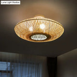 Bamboo Flush Mount Lantern Lighting: Minimalist Wood Design For Bedroom With 3 Bulbs