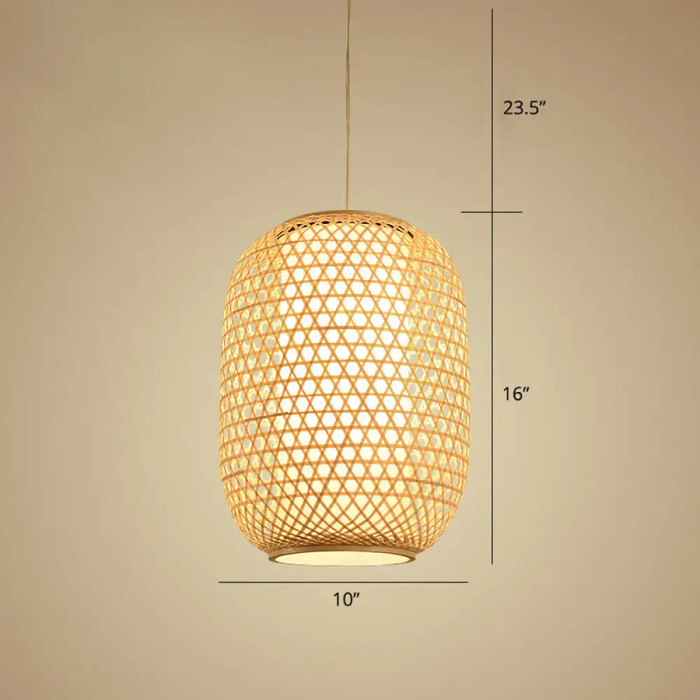 Bamboo Hanging Lantern For Restaurants - Asian Style Oval Design 1-Bulb Beige Ceiling Suspension