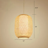 Bamboo Hanging Lantern For Restaurants - Asian Style Oval Design 1-Bulb Beige Ceiling Suspension