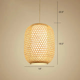 Bamboo Hanging Lantern For Restaurants - Asian Style Oval Design 1-Bulb Beige Ceiling Suspension