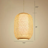 Bamboo Hanging Lantern For Restaurants - Asian Style Oval Design 1-Bulb Beige Ceiling Suspension